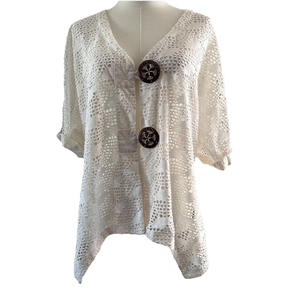 Boho Crochet White Top Blouse Button Front Sheer Chic White Sz L By Mirror Image